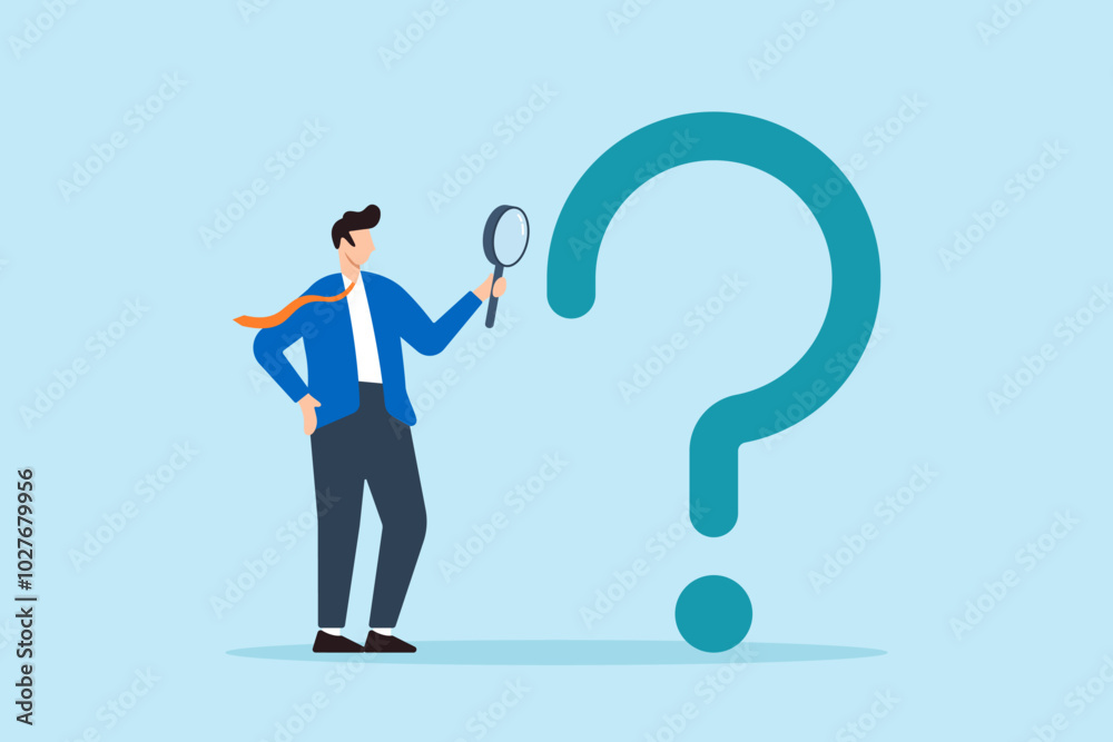 Flat illustration of businessman analyzes question mark with magnifying glass searching for solutions to problems or challenges Flat illustration of businessman analyzes question mark with magnifying glass searching for solutions to problems or challenges