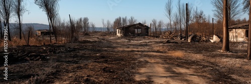 A scorched landscape littered with the remains of structures and charred trees, conveying devastation and the aftermath of a destructive wildfire season.