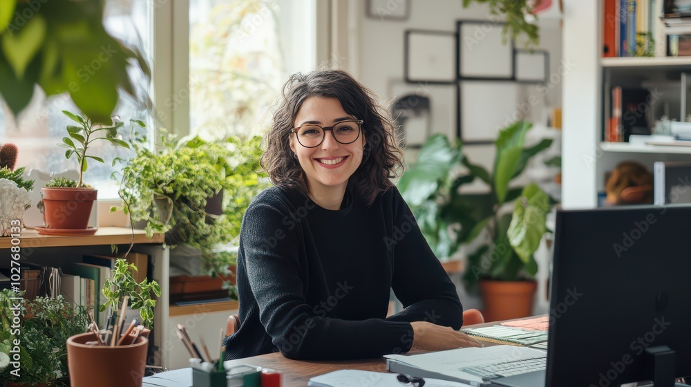 Smiling Woman Working in a Cozy Home Office Smiling Woman Working in a Cozy Home Office