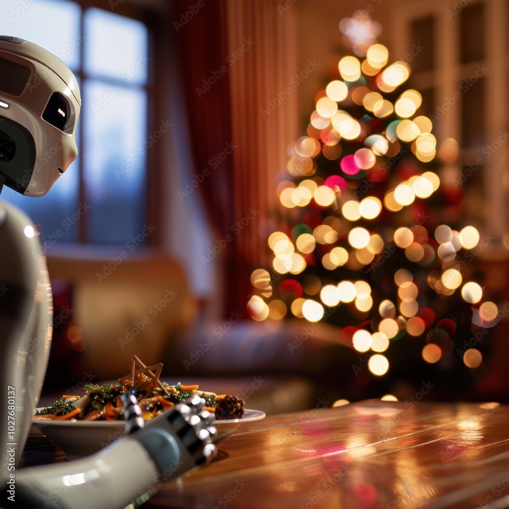 a robot sitting in front of a christmas tree a robot sitting in front of a christmas tree