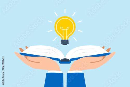 Flat illustration of hand holds open book to discover lightbulb idea representing knowledge and learning for inspiration