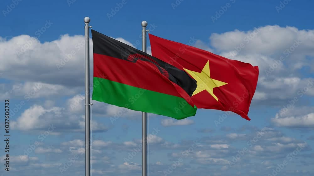 Vietnam and Malawi flags flying together, video concept of the relationship Vietnam and Malawi flags flying together, video concept of the relationship