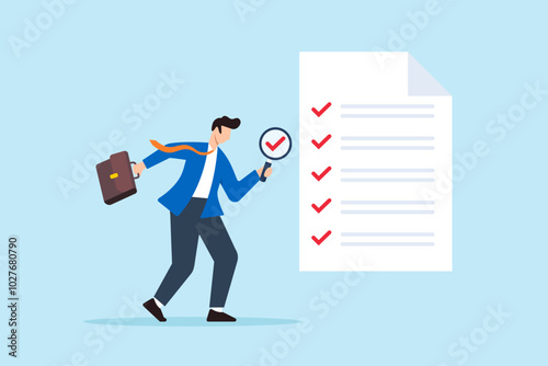 Flat illustration of businessman with magnifier inspects document check quality assurance and research for proof