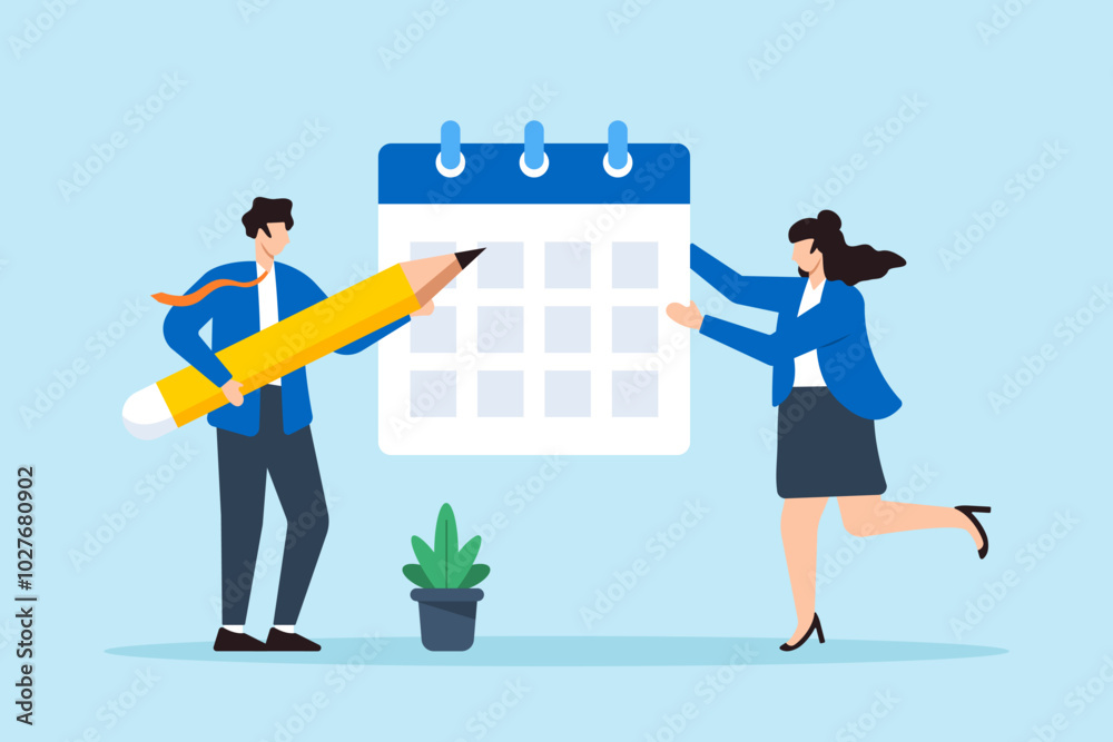 Flat illustration of businessman and businesswoman carry big calendar with pencil planning their project schedule and deadlines