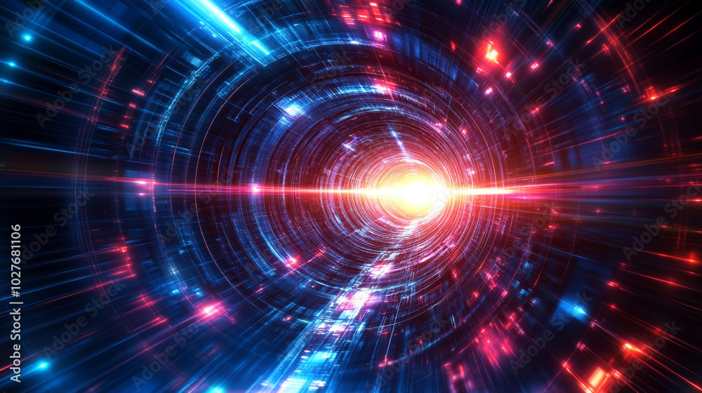 dynamic futuristic scene illustrating speed and motion with vibrant blue and red rays. This image symbolizes technological advancement, innovation, and the energy of modern life dynamic futuristic scene illustrating speed and motion with vibrant blue and red rays. This image symbolizes technological advancement, innovation, and the energy of modern life