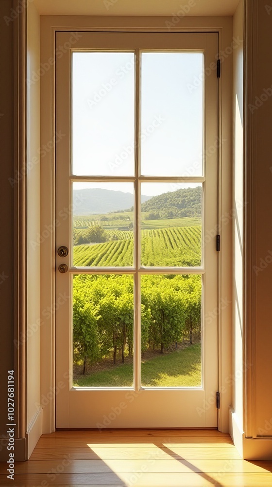 View From an Interior Space Through a Tall, Rectangular Window With Multiple Panes, Revealing a Vibrant Vineyard Scene. View From an Interior Space Through a Tall, Rectangular Window With Multiple Panes, Revealing a Vibrant Vineyard Scene.