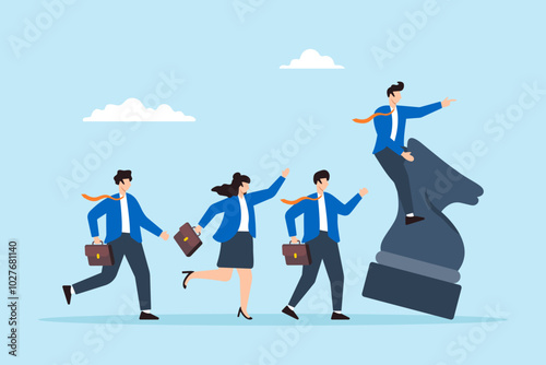 Flat illustration of businessman rides chess knight leading team with courage and confidence towards business victory