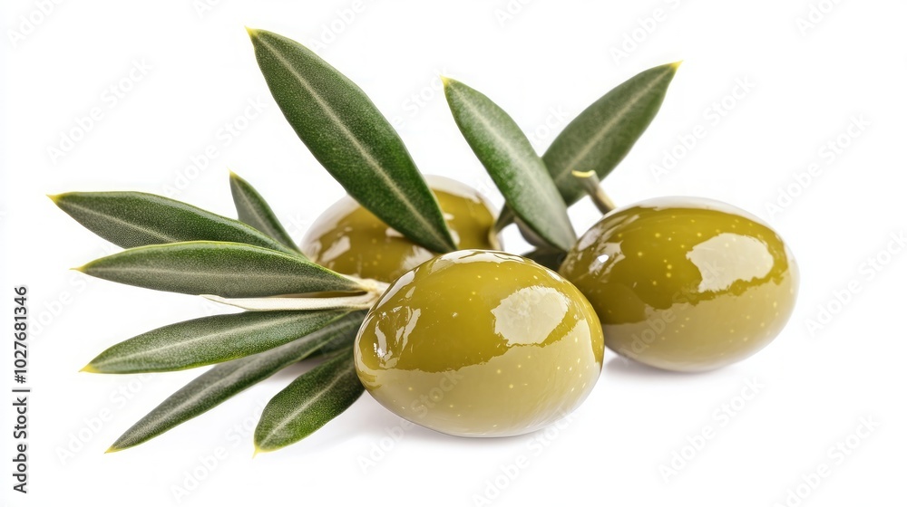 Three green olives with leaves on a white background.