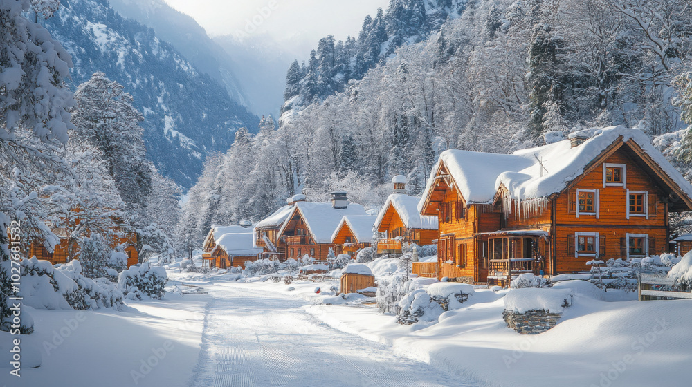A picturesque snow-covered village with cozy houses and snow-laden trees, creating a serene and wintery landscape. A picturesque snow-covered village with cozy houses and snow-laden trees, creating a serene and wintery landscape.