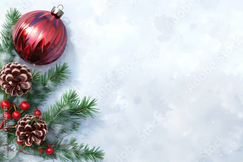 a christmas background with pine cones and ornaments photo