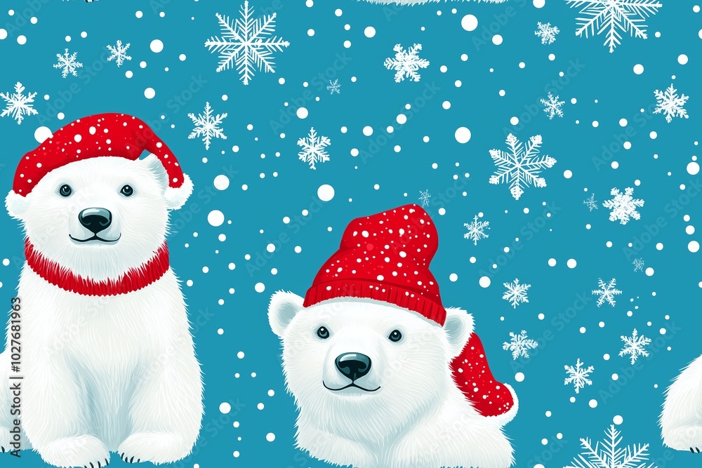 Seamless pattern, A charming winter-themed illustration featuring adorable polar bear cubs wearing Santa hats, set against a snowy background with delicate falling snowflakes. Seamless pattern, A charming winter-themed illustration featuring adorable polar bear cubs wearing Santa hats, set against a snowy background with delicate falling snowflakes.