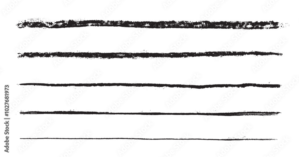 Vector set of charcoal lines with a different thickness. 3d realistic slanted coal stick or black crayon. Artistic collection of detailed borders with a rough grungy texture on the white background Vector set of charcoal lines with a different thickness. 3d realistic slanted coal stick or black crayon. Artistic collection of detailed borders with a rough grungy texture on the white background