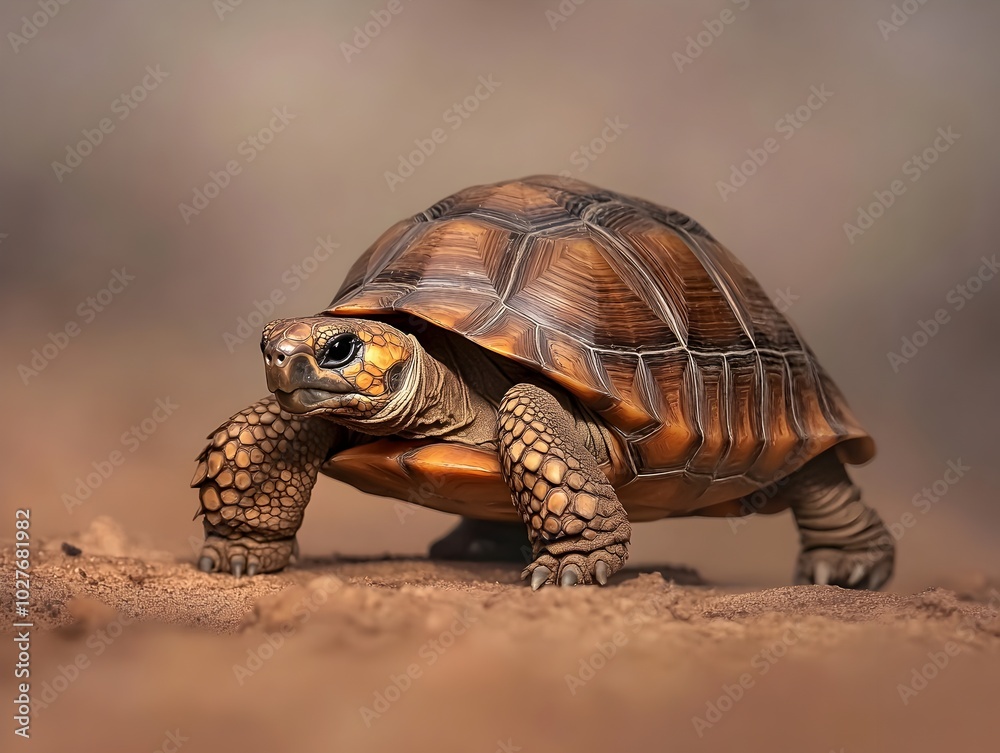 Naklejka premium Tortoise Slowly Traversing Arid Landscape