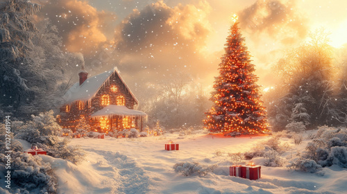 A snowy Christmas scene with a house, decorated tree and presents in the snow.