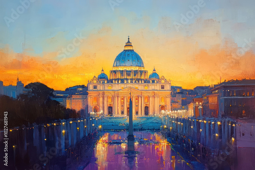 oil painting on paper of Vatican city at sunrise