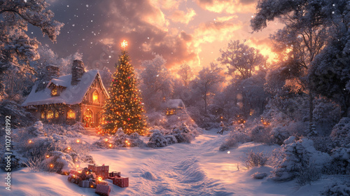 A snowy Christmas scene with a house, decorated tree and presents in the snow.