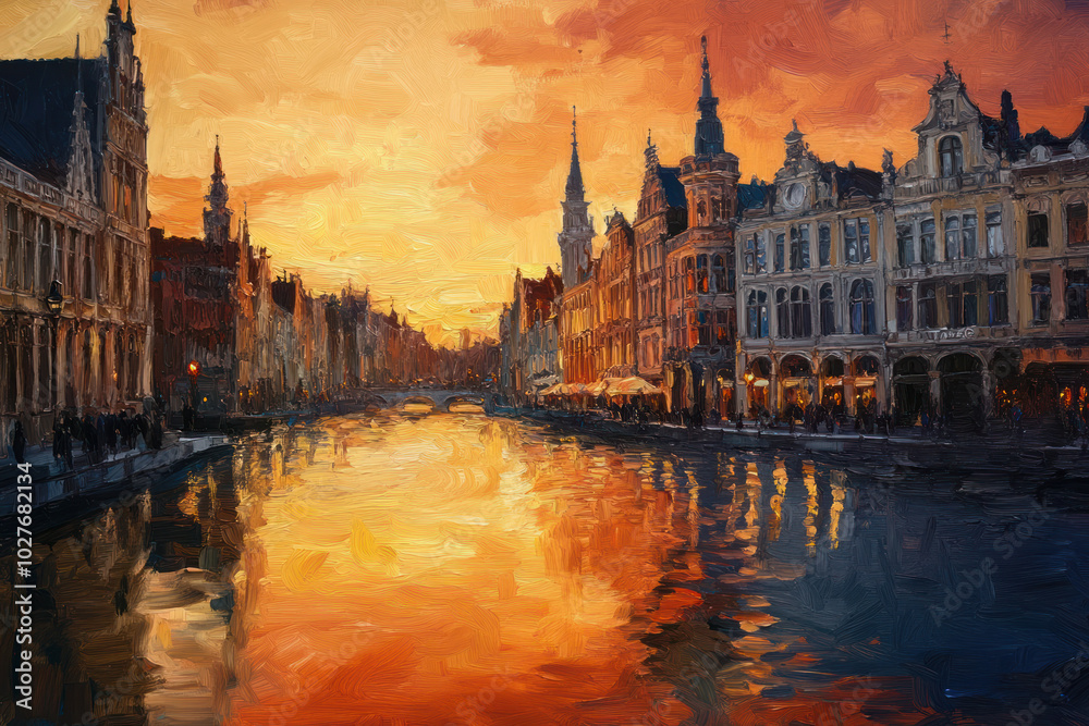 Fototapeta premium oil painting on paper of Belgium at sunset