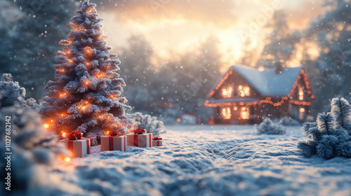 A snowy Christmas scene with a house, decorated tree and presents in the snow.