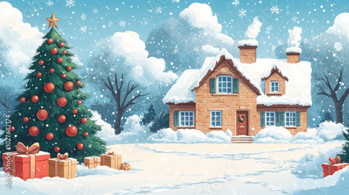 A snowy Christmas scene with a house, decorated tree and presents in the snow.