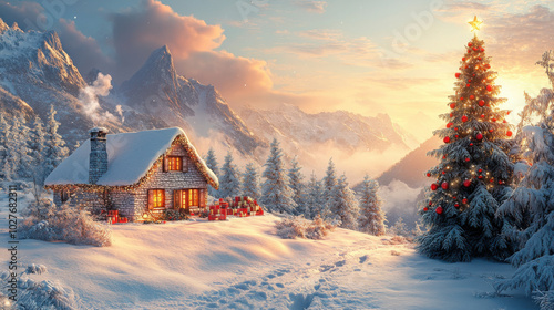 A snowy Christmas scene with a house, decorated tree and presents in the snow.