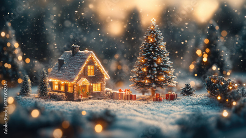 A snowy Christmas scene with a house, decorated tree and presents in the snow.
