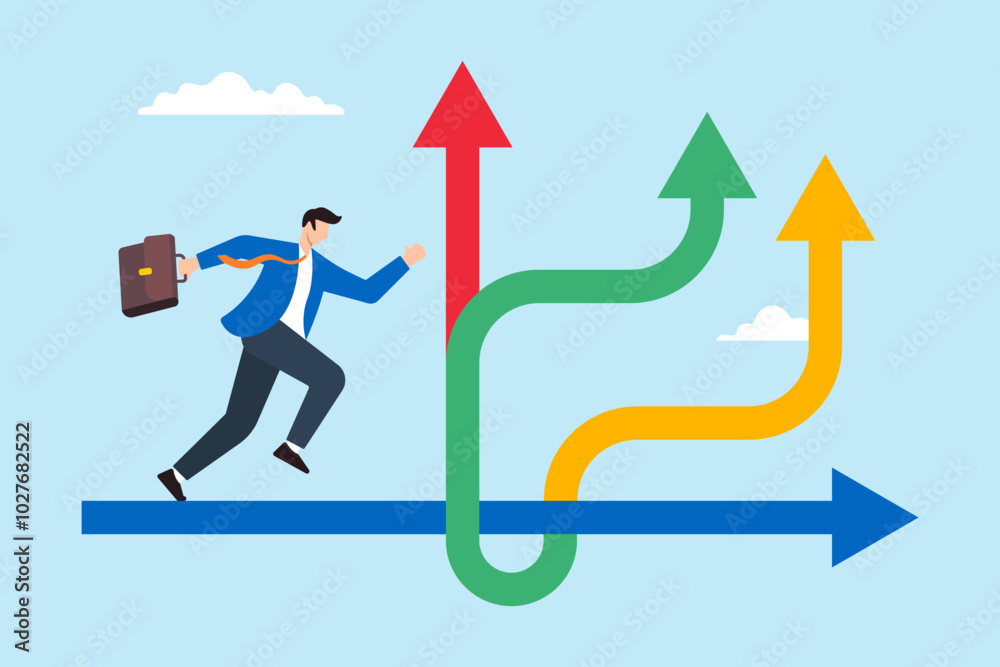 Flat illustration of businessman runs towards different arrow pathways making career decisions for future growth and success Flat illustration of businessman runs towards different arrow pathways making career decisions for future growth and success