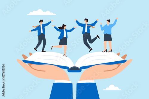 Flat illustration of businessman holds employee handbook providing onboarding procedures to new hires for company success