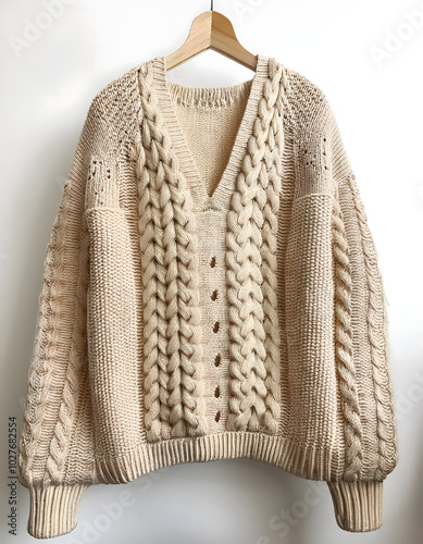 Beige Knit Sweater with Cable Knit on an isolated white background