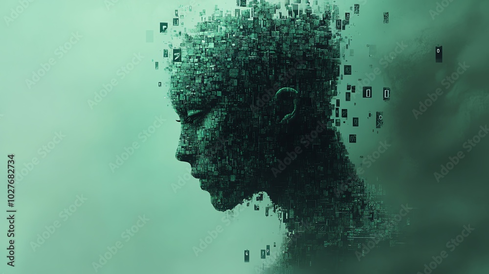Abstract portrait of a person dissolving into digital particles. Abstract portrait of a person dissolving into digital particles.