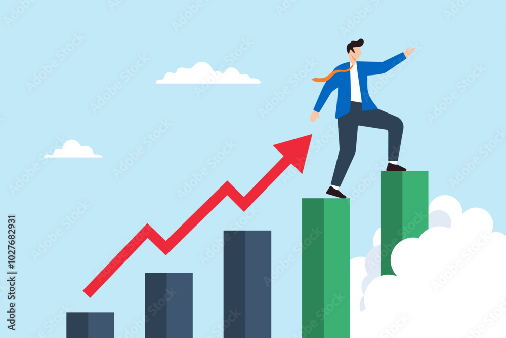 Flat illustration of businessman steps on rising graph looking for next goal and motivating for future success Flat illustration of businessman steps on rising graph looking for next goal and motivating for future success