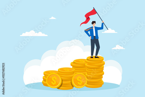 Flat illustration of businessman stands on stack of money holding success red flag to represent financial growth and investment