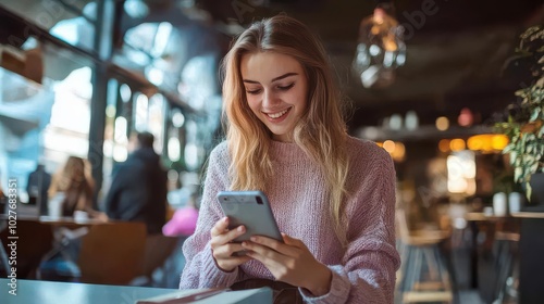 Happy Woman Using Smartphone in Café