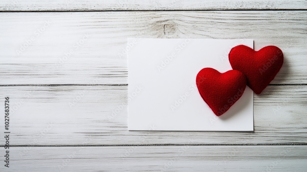 Two red felt hearts on a blank white card on a weathered white wood surface. Two red felt hearts on a blank white card on a weathered white wood surface.