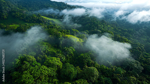 Lush green forest with misty clouds above.