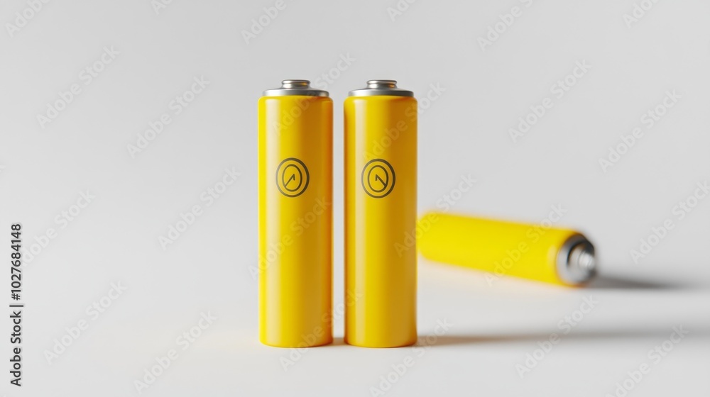 Two yellow AA batteries standing upright in front of a third battery lying down on a white background. Two yellow AA batteries standing upright in front of a third battery lying down on a white background.