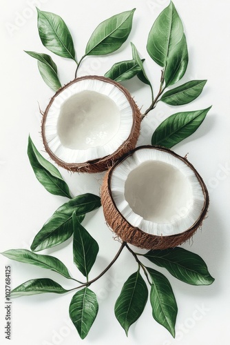 Fresh coconut and green leaves illustrated against a colorful, textured backg...