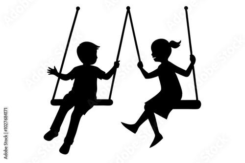 Two children on swing Silhouette vector | vector silhouette illustration on white background