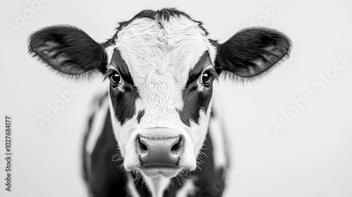 A close-up view of a curious black and white calf looking directly at the cam...