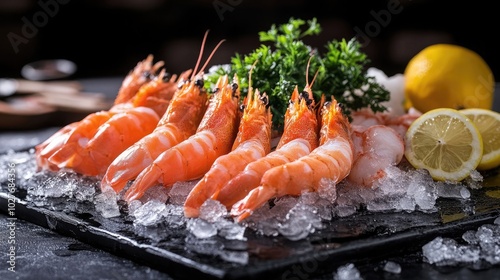 Fresh seafood arrangement on a dark surface with ice