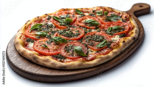 Delicious homemade pizza topped with fresh tomatoes and basil served on a woo...
