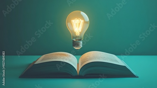 An open book with a glowing light bulb above it, symbolizing ideas.