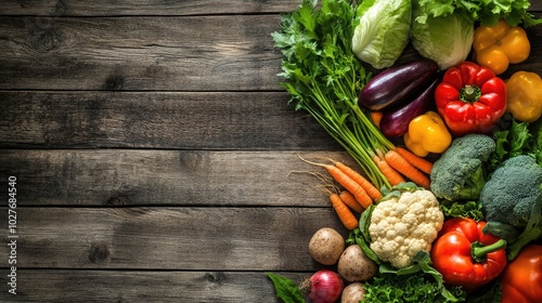 Fresh vegetables displayed on a wooden surface