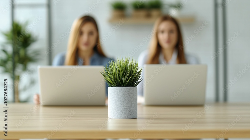 Two women work on laptops at a desk, with a small potted plant in focus, creating a modern workspace atmosphere. Two women work on laptops at a desk, with a small potted plant in focus, creating a modern workspace atmosphere.
