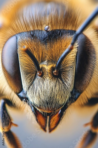 Close-up view of a bee showcasing its intricate features and textures in high...