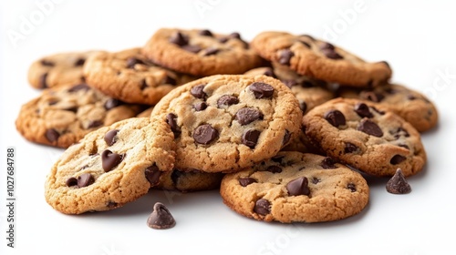 Delicious homemade chocolate chip cookies stacked on a clean white background