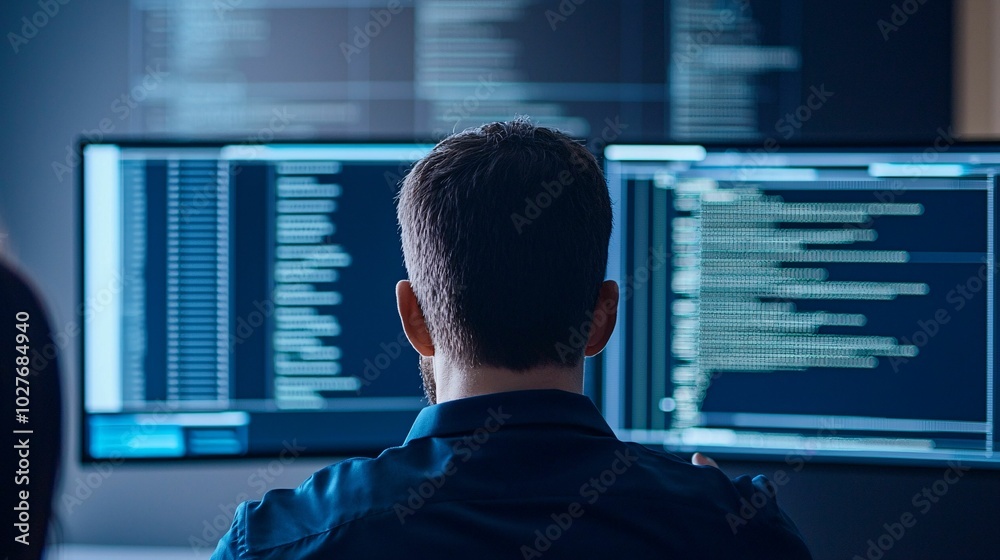 A programmer working at dual monitors, focusing on lines of code in a digital workspace. A programmer working at dual monitors, focusing on lines of code in a digital workspace.