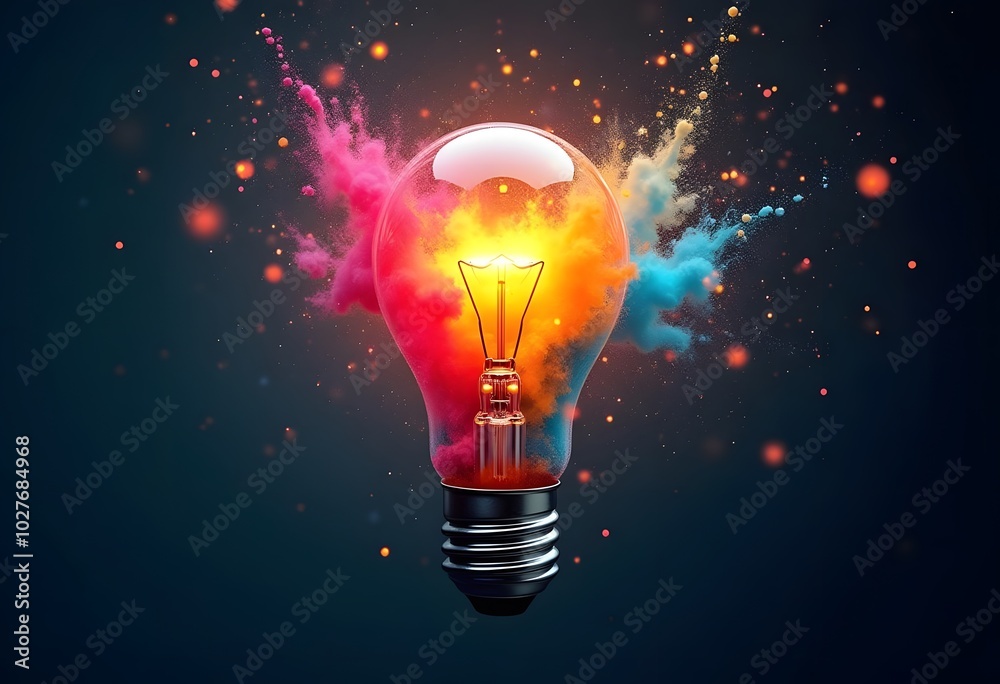Creative light bulb explosion with splashes of yellow, blue and pink paint on a black background. Think differently, creative idea. Brainstorm
Creative light bulb explosion with splashes of yellow, blue and pink paint on a black background. Think differently, creative idea. Brainstorm