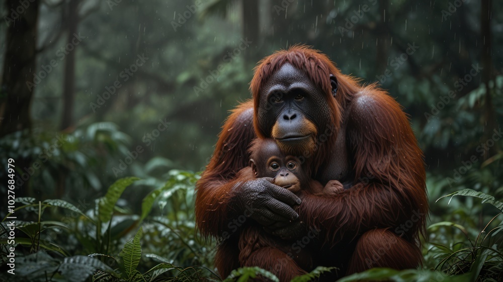 A mother orangutan cradles her young baby in her arms, looking out with a concerned expression, in a lush rainforest setting. A mother orangutan cradles her young baby in her arms, looking out with a concerned expression, in a lush rainforest setting.