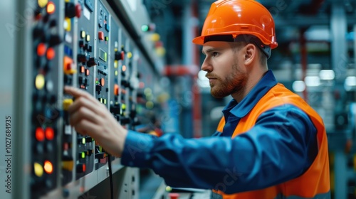 Engineer in orange safety vest and hard hat operating industrial control panel in factory setting, focusing on technology and machinery.