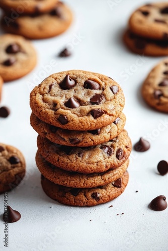 Stacked chocolate chip cookies with morsels scattered around in a bright kitc...